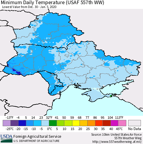 Ukraine, Moldova and Belarus Minimum Daily Temperature (USAF 557th WW) Thematic Map For 12/30/2019 - 1/5/2020