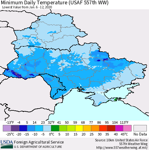 Ukraine, Moldova and Belarus Minimum Daily Temperature (USAF 557th WW) Thematic Map For 1/6/2020 - 1/12/2020