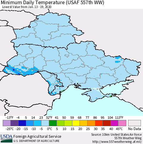 Ukraine, Moldova and Belarus Minimum Daily Temperature (USAF 557th WW) Thematic Map For 1/13/2020 - 1/19/2020