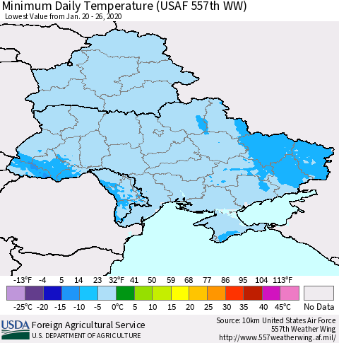Ukraine, Moldova and Belarus Minimum Daily Temperature (USAF 557th WW) Thematic Map For 1/20/2020 - 1/26/2020