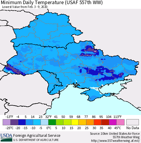 Ukraine, Moldova and Belarus Minimum Daily Temperature (USAF 557th WW) Thematic Map For 2/3/2020 - 2/9/2020