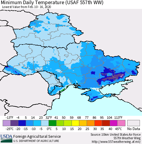 Ukraine, Moldova and Belarus Minimum Daily Temperature (USAF 557th WW) Thematic Map For 2/10/2020 - 2/16/2020