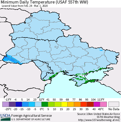 Ukraine, Moldova and Belarus Minimum Daily Temperature (USAF 557th WW) Thematic Map For 2/24/2020 - 3/1/2020