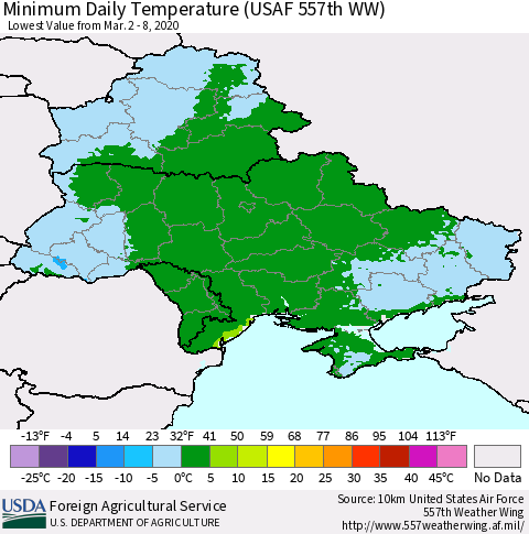 Ukraine, Moldova and Belarus Minimum Daily Temperature (USAF 557th WW) Thematic Map For 3/2/2020 - 3/8/2020