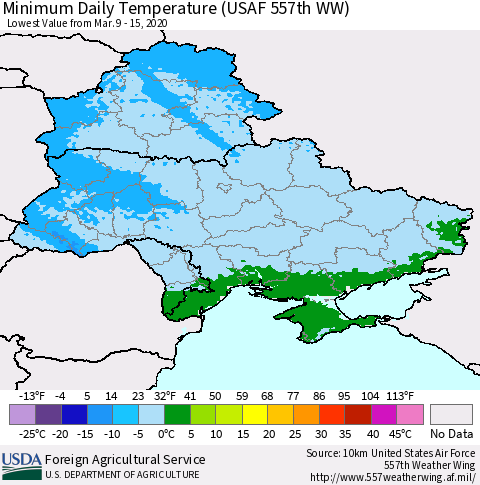 Ukraine, Moldova and Belarus Minimum Daily Temperature (USAF 557th WW) Thematic Map For 3/9/2020 - 3/15/2020