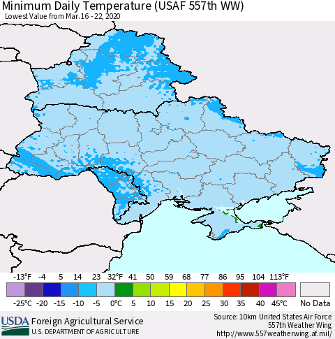 Ukraine, Moldova and Belarus Minimum Daily Temperature (USAF 557th WW) Thematic Map For 3/16/2020 - 3/22/2020