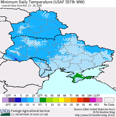 Ukraine, Moldova and Belarus Minimum Daily Temperature (USAF 557th WW) Thematic Map For 3/23/2020 - 3/29/2020