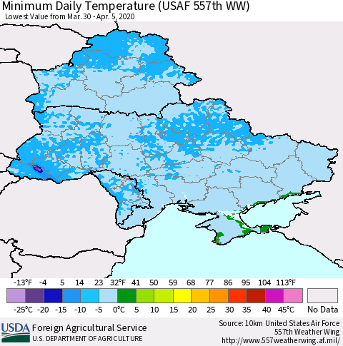 Ukraine, Moldova and Belarus Minimum Daily Temperature (USAF 557th WW) Thematic Map For 3/30/2020 - 4/5/2020