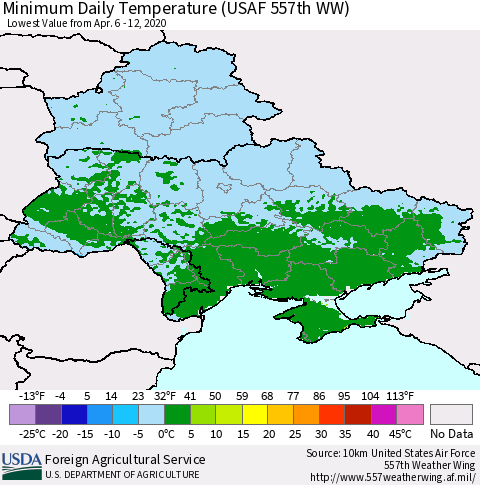 Ukraine, Moldova and Belarus Minimum Daily Temperature (USAF 557th WW) Thematic Map For 4/6/2020 - 4/12/2020