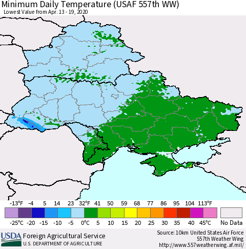 Ukraine, Moldova and Belarus Minimum Daily Temperature (USAF 557th WW) Thematic Map For 4/13/2020 - 4/19/2020