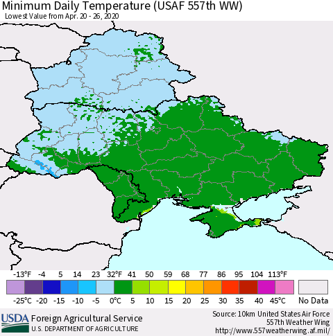 Ukraine, Moldova and Belarus Extreme Minimum Temperature (USAF 557th WW) Thematic Map For 4/20/2020 - 4/26/2020