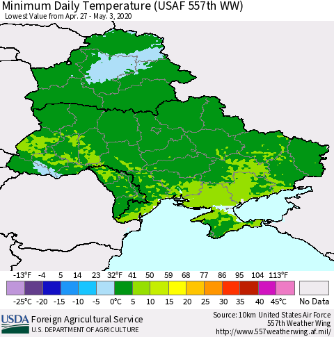 Ukraine, Moldova and Belarus Extreme Minimum Temperature (USAF 557th WW) Thematic Map For 4/27/2020 - 5/3/2020