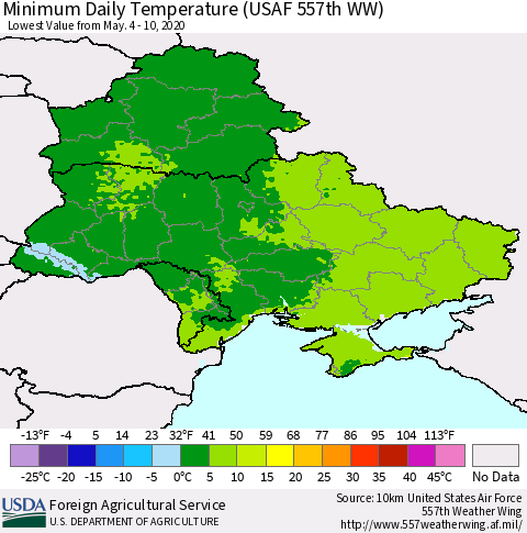 Ukraine, Moldova and Belarus Minimum Daily Temperature (USAF 557th WW) Thematic Map For 5/4/2020 - 5/10/2020