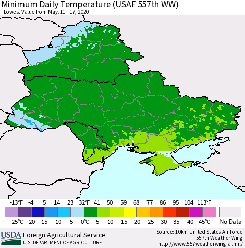 Ukraine, Moldova and Belarus Extreme Minimum Temperature (USAF 557th WW) Thematic Map For 5/11/2020 - 5/17/2020