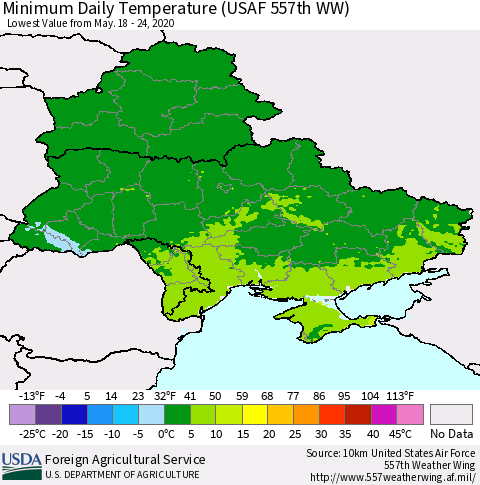 Ukraine, Moldova and Belarus Minimum Daily Temperature (USAF 557th WW) Thematic Map For 5/18/2020 - 5/24/2020