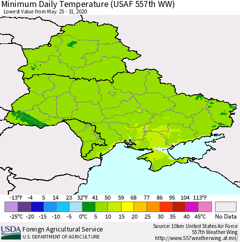Ukraine, Moldova and Belarus Minimum Daily Temperature (USAF 557th WW) Thematic Map For 5/25/2020 - 5/31/2020