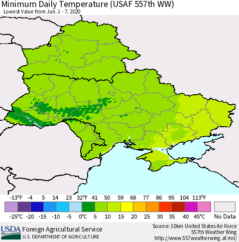 Ukraine, Moldova and Belarus Minimum Daily Temperature (USAF 557th WW) Thematic Map For 6/1/2020 - 6/7/2020