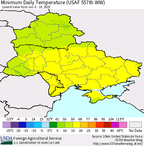 Ukraine, Moldova and Belarus Extreme Minimum Temperature (USAF 557th WW) Thematic Map For 6/8/2020 - 6/14/2020