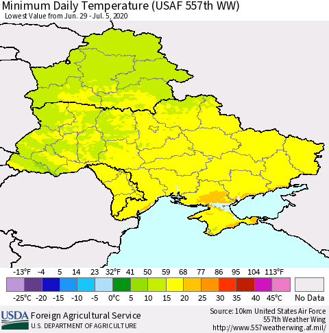 Ukraine, Moldova and Belarus Minimum Daily Temperature (USAF 557th WW) Thematic Map For 6/29/2020 - 7/5/2020