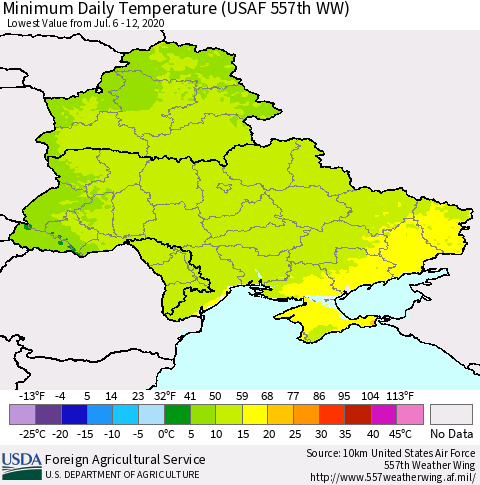 Ukraine, Moldova and Belarus Extreme Minimum Temperature (USAF 557th WW) Thematic Map For 7/6/2020 - 7/12/2020