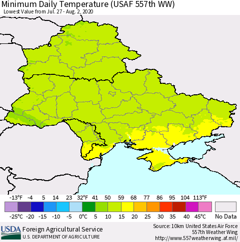 Ukraine, Moldova and Belarus Extreme Minimum Temperature (USAF 557th WW) Thematic Map For 7/27/2020 - 8/2/2020