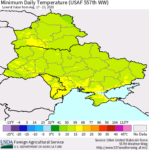 Ukraine, Moldova and Belarus Minimum Daily Temperature (USAF 557th WW) Thematic Map For 8/17/2020 - 8/23/2020