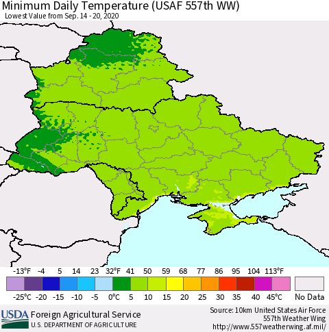 Ukraine, Moldova and Belarus Minimum Daily Temperature (USAF 557th WW) Thematic Map For 9/14/2020 - 9/20/2020