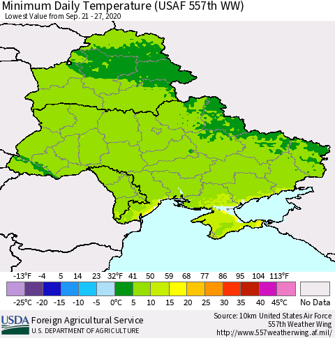 Ukraine, Moldova and Belarus Minimum Daily Temperature (USAF 557th WW) Thematic Map For 9/21/2020 - 9/27/2020