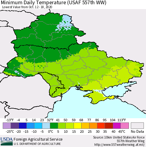 Ukraine, Moldova and Belarus Minimum Daily Temperature (USAF 557th WW) Thematic Map For 10/12/2020 - 10/18/2020