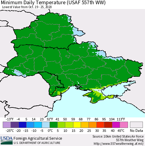 Ukraine, Moldova and Belarus Minimum Daily Temperature (USAF 557th WW) Thematic Map For 10/19/2020 - 10/25/2020