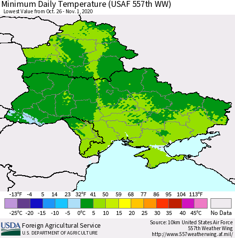 Ukraine, Moldova and Belarus Extreme Minimum Temperature (USAF 557th WW) Thematic Map For 10/26/2020 - 11/1/2020