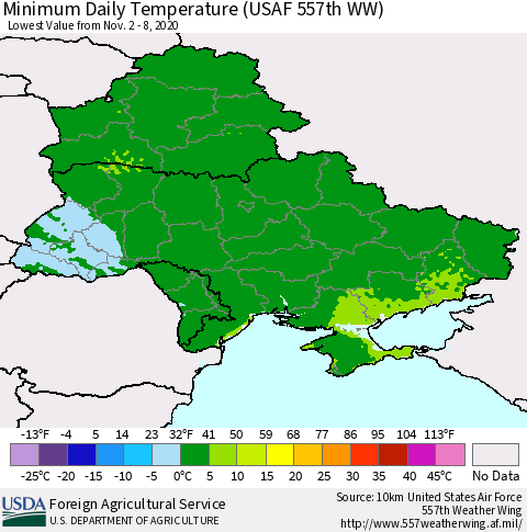 Ukraine, Moldova and Belarus Minimum Daily Temperature (USAF 557th WW) Thematic Map For 11/2/2020 - 11/8/2020