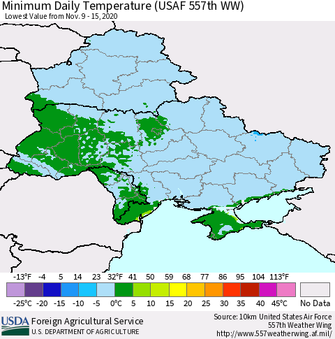 Ukraine, Moldova and Belarus Minimum Daily Temperature (USAF 557th WW) Thematic Map For 11/9/2020 - 11/15/2020