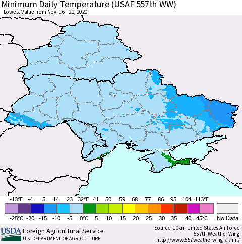 Ukraine, Moldova and Belarus Minimum Daily Temperature (USAF 557th WW) Thematic Map For 11/16/2020 - 11/22/2020