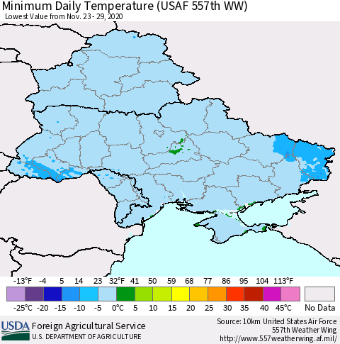 Ukraine, Moldova and Belarus Minimum Daily Temperature (USAF 557th WW) Thematic Map For 11/23/2020 - 11/29/2020