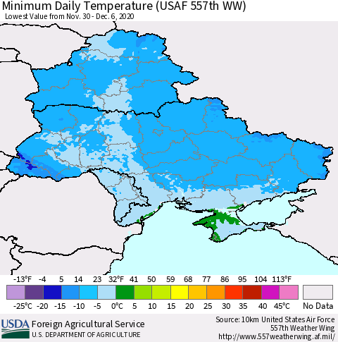 Ukraine, Moldova and Belarus Minimum Daily Temperature (USAF 557th WW) Thematic Map For 11/30/2020 - 12/6/2020