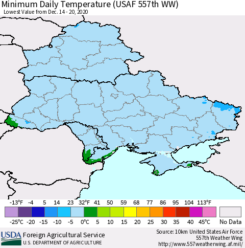 Ukraine, Moldova and Belarus Minimum Daily Temperature (USAF 557th WW) Thematic Map For 12/14/2020 - 12/20/2020