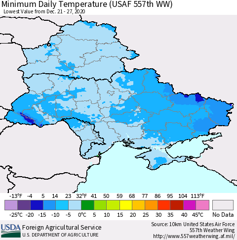 Ukraine, Moldova and Belarus Minimum Daily Temperature (USAF 557th WW) Thematic Map For 12/21/2020 - 12/27/2020