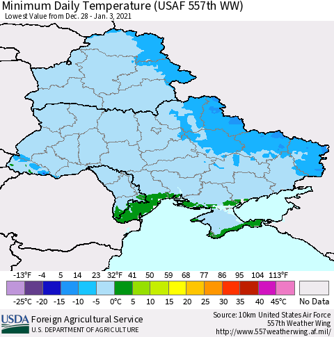 Ukraine, Moldova and Belarus Minimum Daily Temperature (USAF 557th WW) Thematic Map For 12/28/2020 - 1/3/2021