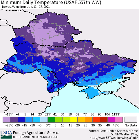 Ukraine, Moldova and Belarus Extreme Minimum Temperature (USAF 557th WW) Thematic Map For 1/11/2021 - 1/17/2021