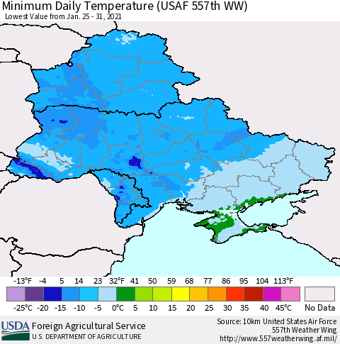 Ukraine, Moldova and Belarus Minimum Daily Temperature (USAF 557th WW) Thematic Map For 1/25/2021 - 1/31/2021