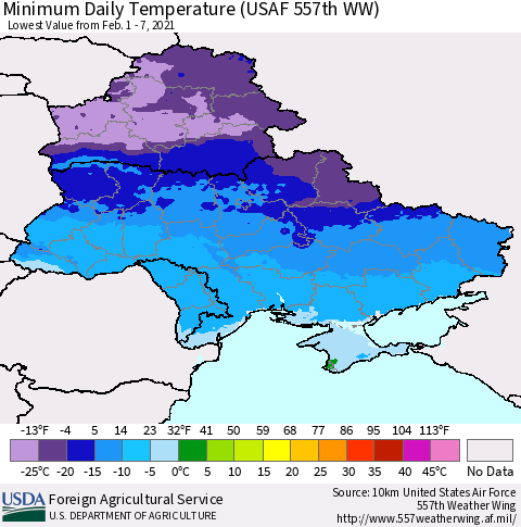 Ukraine, Moldova and Belarus Minimum Daily Temperature (USAF 557th WW) Thematic Map For 2/1/2021 - 2/7/2021