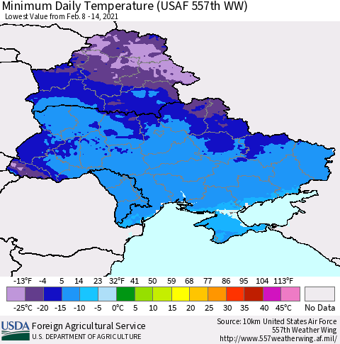 Ukraine, Moldova and Belarus Minimum Daily Temperature (USAF 557th WW) Thematic Map For 2/8/2021 - 2/14/2021