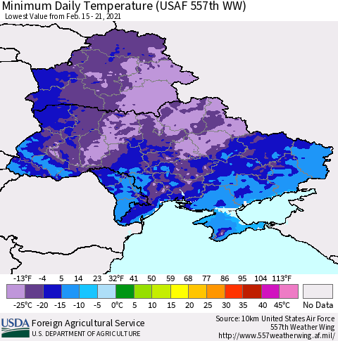 Ukraine, Moldova and Belarus Minimum Daily Temperature (USAF 557th WW) Thematic Map For 2/15/2021 - 2/21/2021