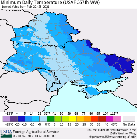 Ukraine, Moldova and Belarus Minimum Daily Temperature (USAF 557th WW) Thematic Map For 2/22/2021 - 2/28/2021