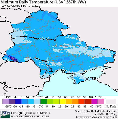 Ukraine, Moldova and Belarus Minimum Daily Temperature (USAF 557th WW) Thematic Map For 3/1/2021 - 3/7/2021