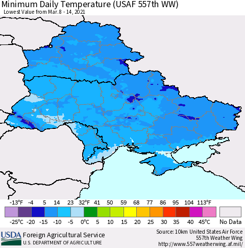Ukraine, Moldova and Belarus Minimum Daily Temperature (USAF 557th WW) Thematic Map For 3/8/2021 - 3/14/2021