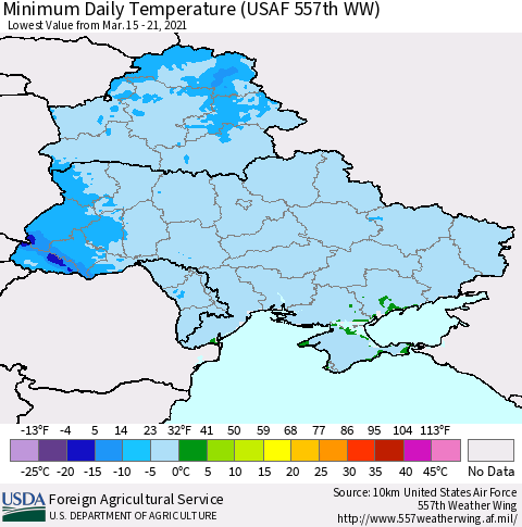 Ukraine, Moldova and Belarus Minimum Daily Temperature (USAF 557th WW) Thematic Map For 3/15/2021 - 3/21/2021