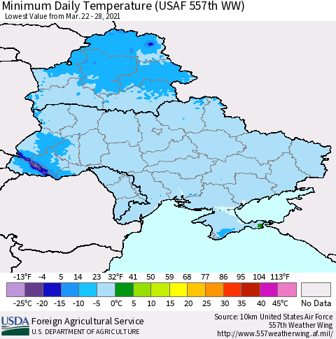 Ukraine, Moldova and Belarus Minimum Daily Temperature (USAF 557th WW) Thematic Map For 3/22/2021 - 3/28/2021
