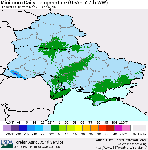 Ukraine, Moldova and Belarus Minimum Daily Temperature (USAF 557th WW) Thematic Map For 3/29/2021 - 4/4/2021